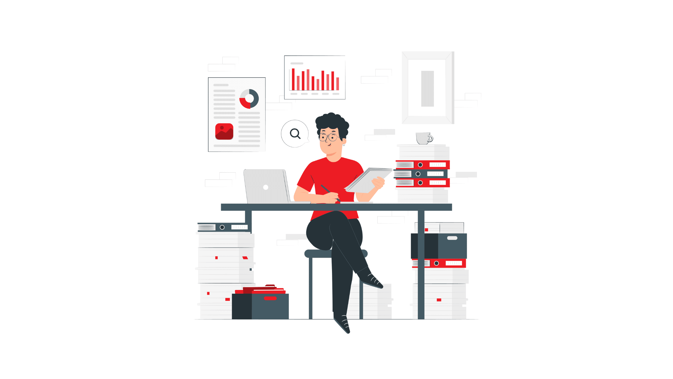 Illustration of a person working at a desk surrounded by stacks of documents and bookkeeping records, analyzing financial reports on a laptop and tablet. A visual representation of how to choose the right bookkeeping method for business financial management.