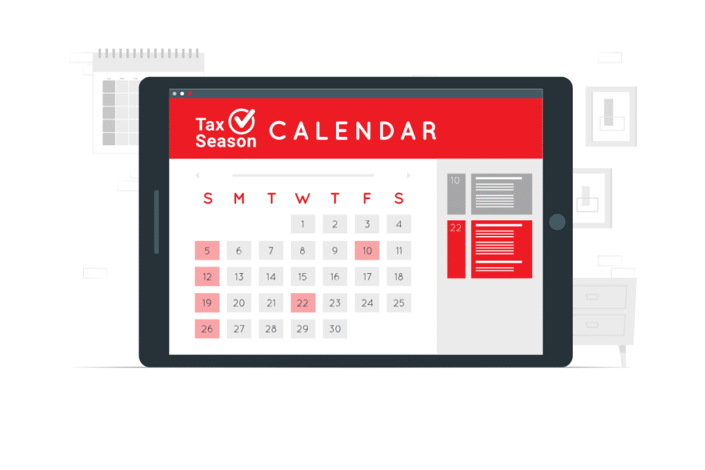 Calendar displaying important business tax deadlines for the tax season, highlighting key filing dates in red on a tablet screen.
