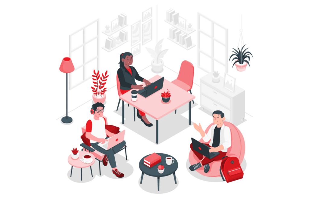 Illustration of a diverse team collaborating in a relaxed, modern workspace—symbolizing the team effort and creativity involved in scaling a small business effectively and sustainably.