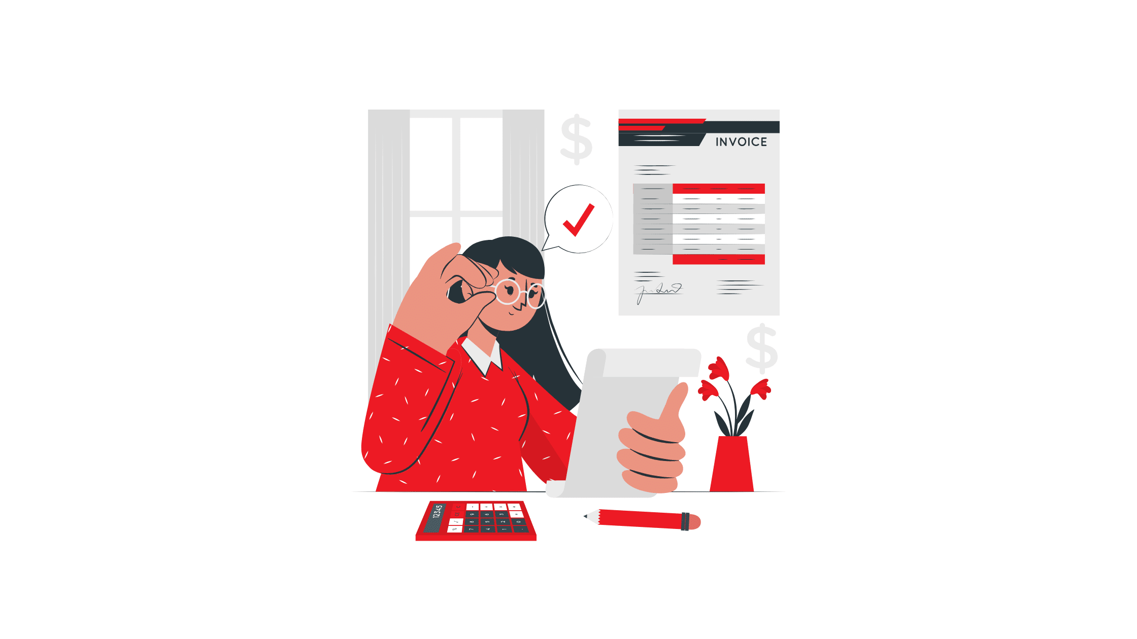 Illustration of a businesswoman reviewing financial records and invoices to avoid common bookkeeping mistakes.
