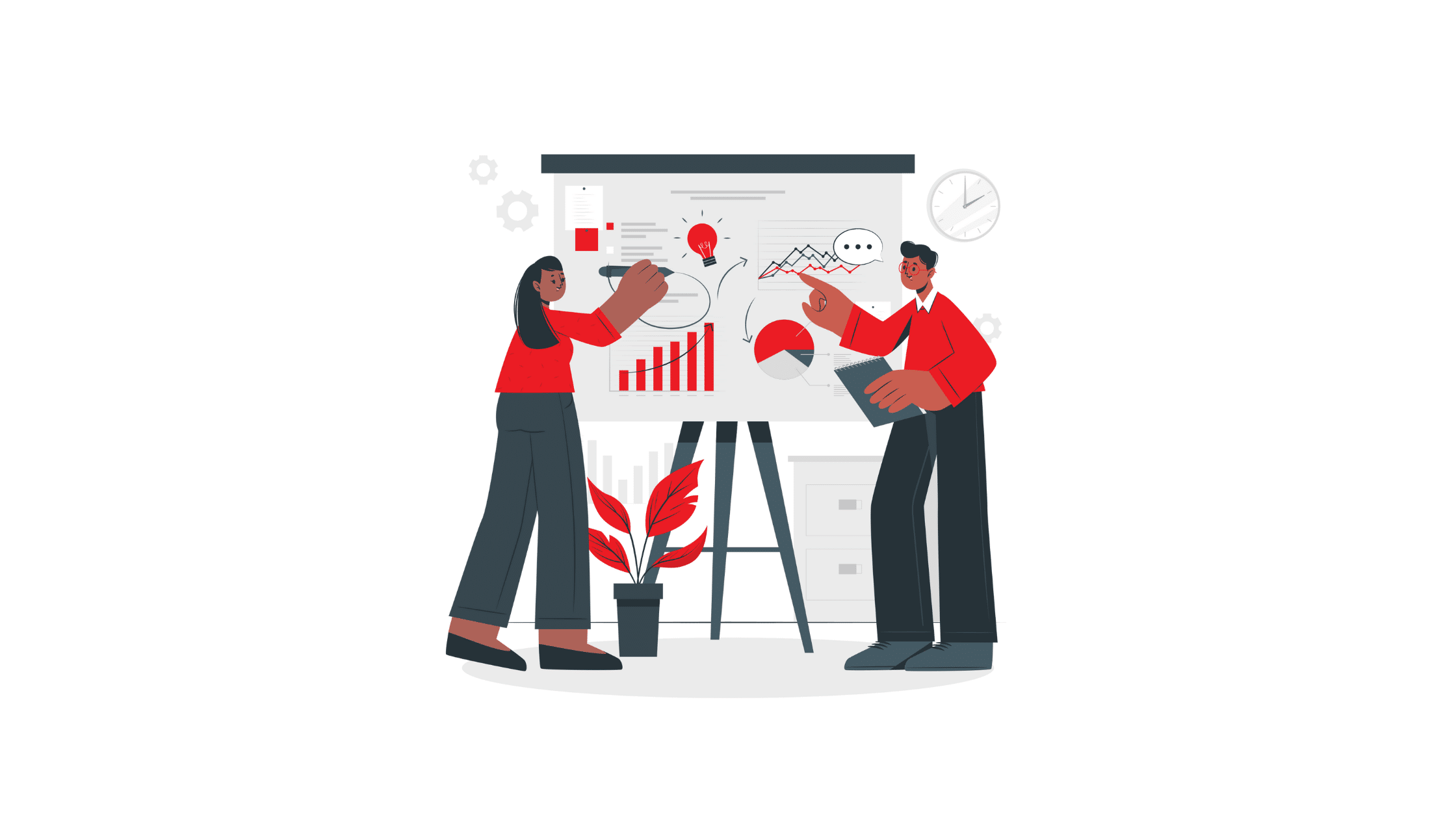 Two professionals analyzing charts and graphs on a whiteboard to enhance financial readiness, focusing on data trends, growth strategies, and financial planning