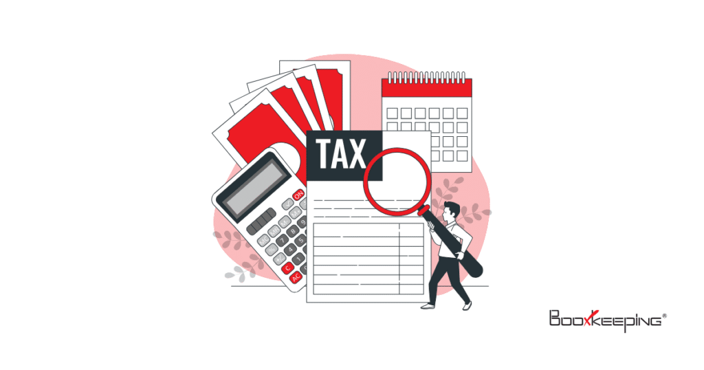 Small business tax review with calculator, calendar, cash, and magnifying glass examining tax documents.