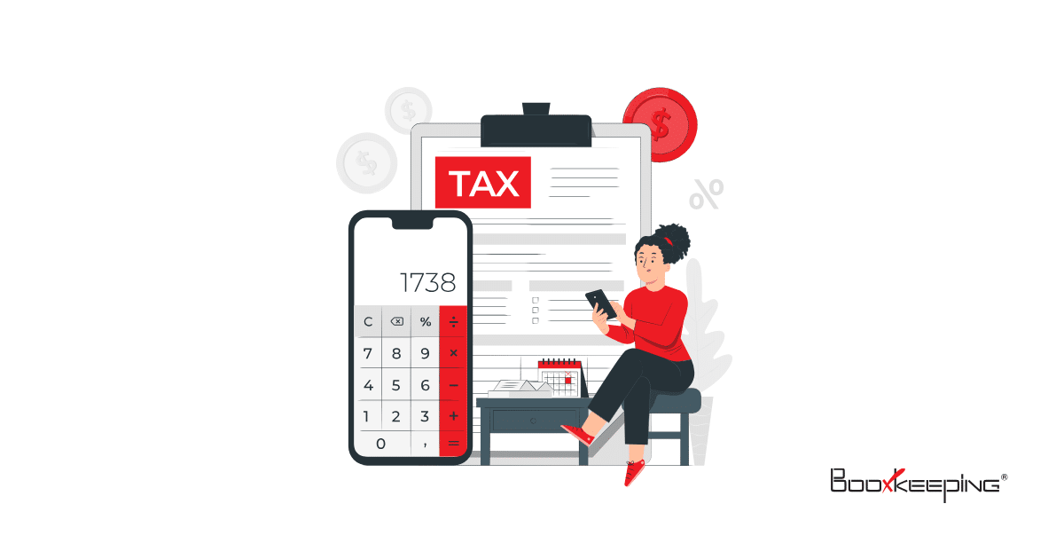 Small business tax filing illustration featuring a mobile calculator, tax form, and business owner preparing records.