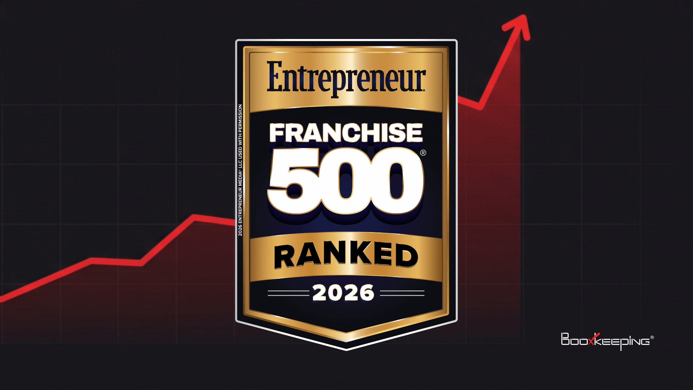 BooXkeeping ranked on Entrepreneur Franchise 500 list for 2026, featuring the official Entrepreneur Franchise 500 badge with an upward growth arrow in the background.