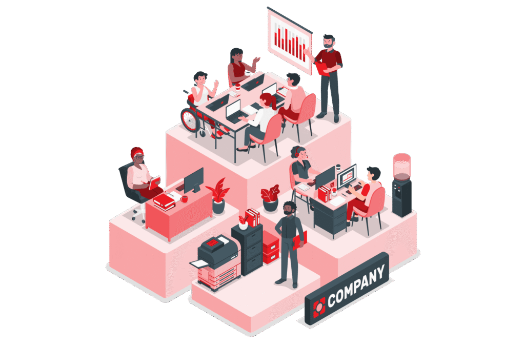 Illustration of a diverse office team collaborating around computers and financial reports, representing professional bookkeeping in North San Antonio for growing local businesses.