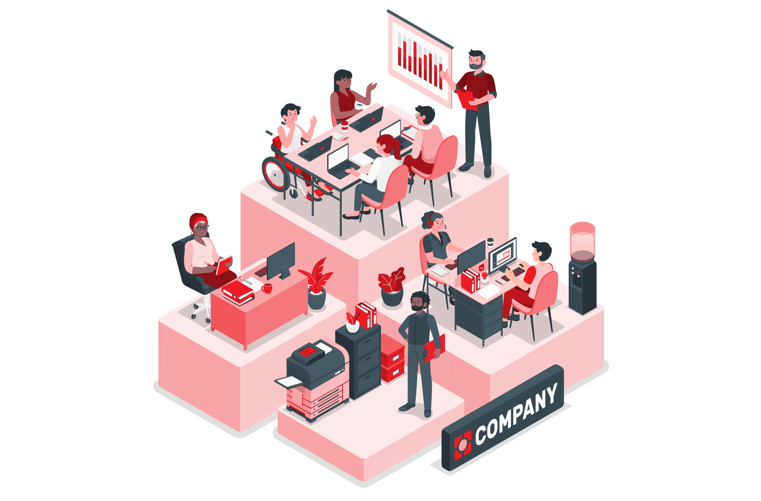 Illustration of a diverse office team collaborating around computers and financial reports, representing professional bookkeeping in North San Antonio for growing local businesses.