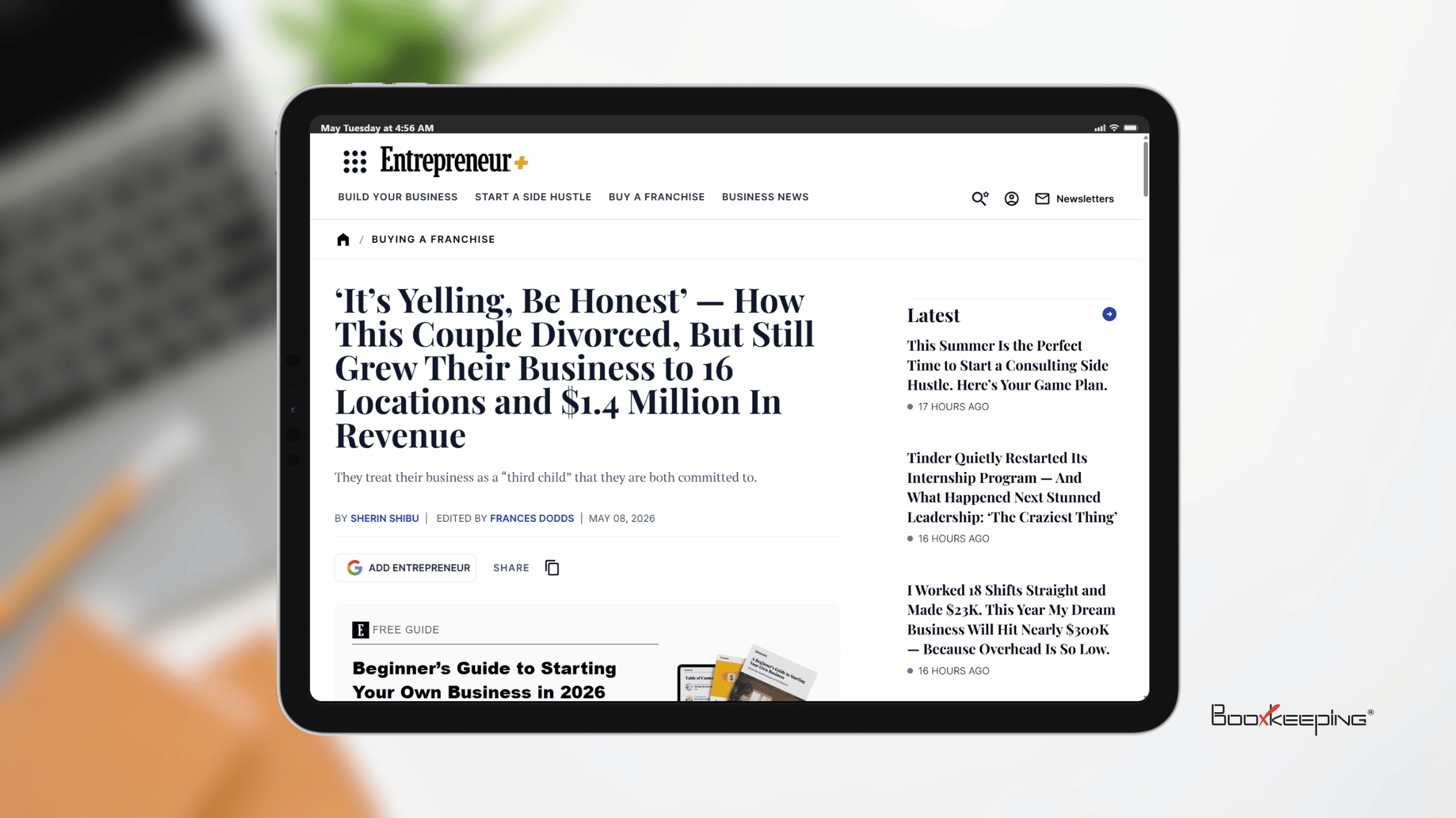 BooXkeeping founders’ Entrepreneur Magazine feature displayed on a tablet